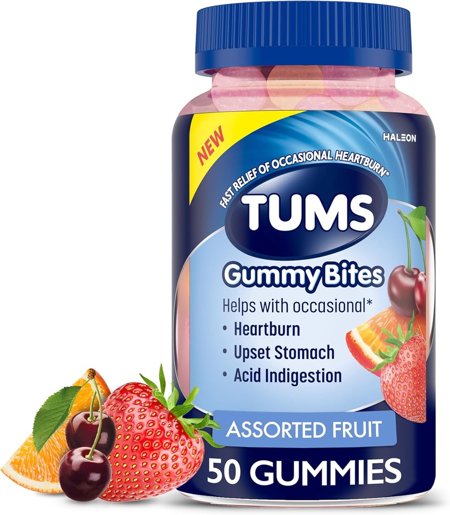 TUMS Gummy Bites Dietní dodatek pro příležitostné vypalování srdce pomoc, Upset žaludek a kyselé požití, tříděné ovocné příchutě - 50 Počet