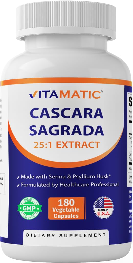 Vitamatic Cascara Sagrada Made with Senna & Psyllium Husk - 180 Veg Kapsle - Koncentrované 25X potence - All Natural - Non- GMO