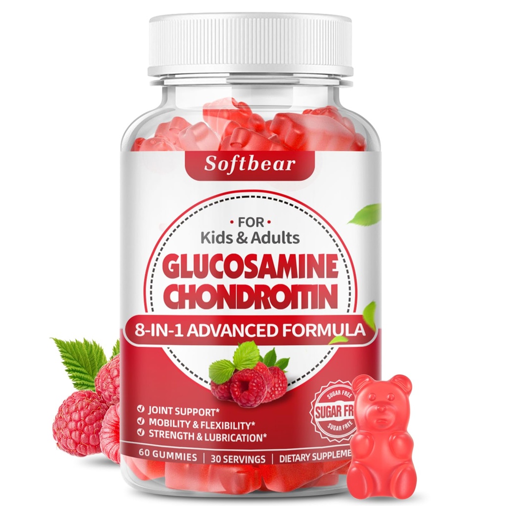 softbear Glucosamine Chondroitin Gummies, Sugar Free Glucosamine Chondroitin MSM Dodatek s Elderberry Kurkuma podporuje společné zdraví a antioxidant, Malina Ochucené 60 Počet