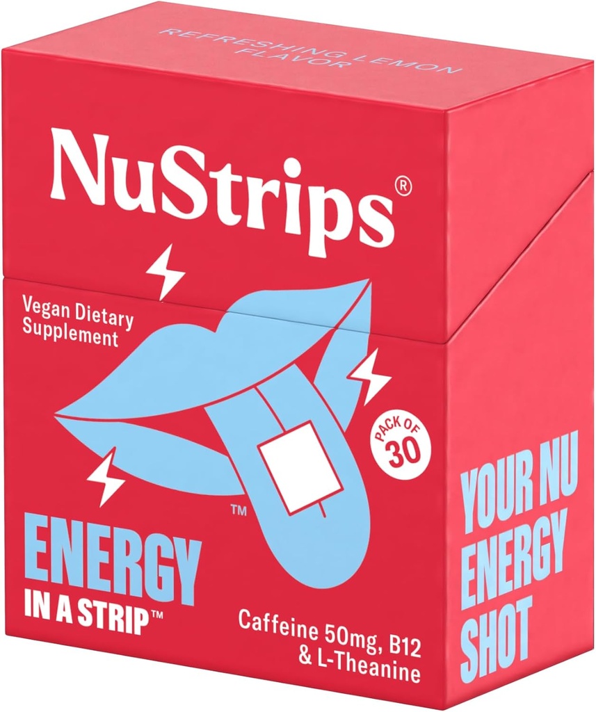 NuStrips ™ Fast- Disolving Energy Strips with 50mg Caffeine, L-Theanin & Vitamin B12 - Instant Energy & Focus Withter Jitters or Crash - Works Faster Than Coffee - Refreshing Lemon - 30 Strips