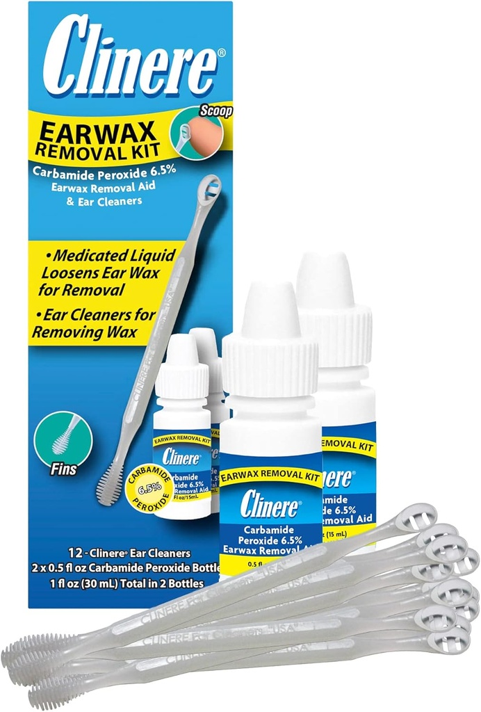 Clinere Earwax Odstranění kit, Bezpečně a jemně čisté ušní vosk, Itch Relief, pracuje okamžitě .5oz Carbamid peroxid, 2 x .5 Fl Oz s 12 Sticks