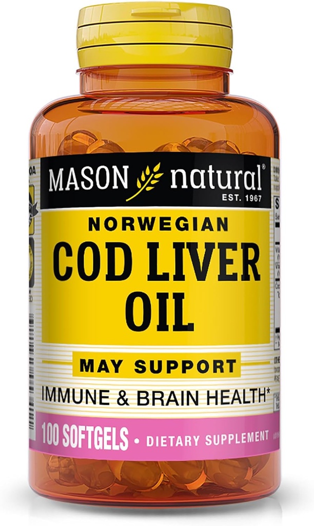 MASON NATURAL Cod Jaterní olej Plus vitamin A & D3 - Zdravé srdce a funkce mozku, lepší imunita, podporuje celkové zdraví, 100 Softgels