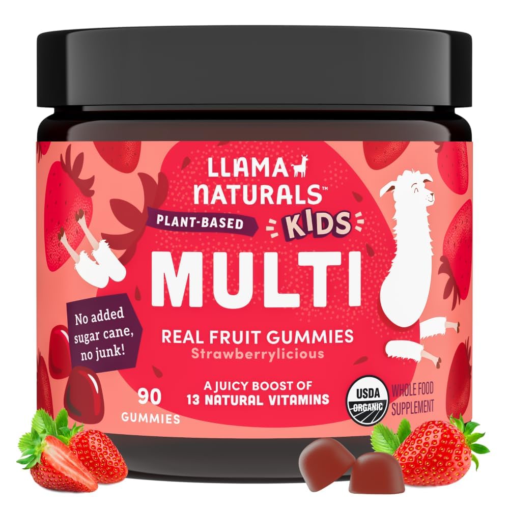 Llama Naturals Kids Multivitamin Gummies, Vegan, Organic with Vitamin D, C & K, Toddler Real Fruit Gummy Vitamíny, Žvýkací dodatek, Celé jídlo Multivitamin, No Added Sugar Cane, Jahoda, 90 Ct