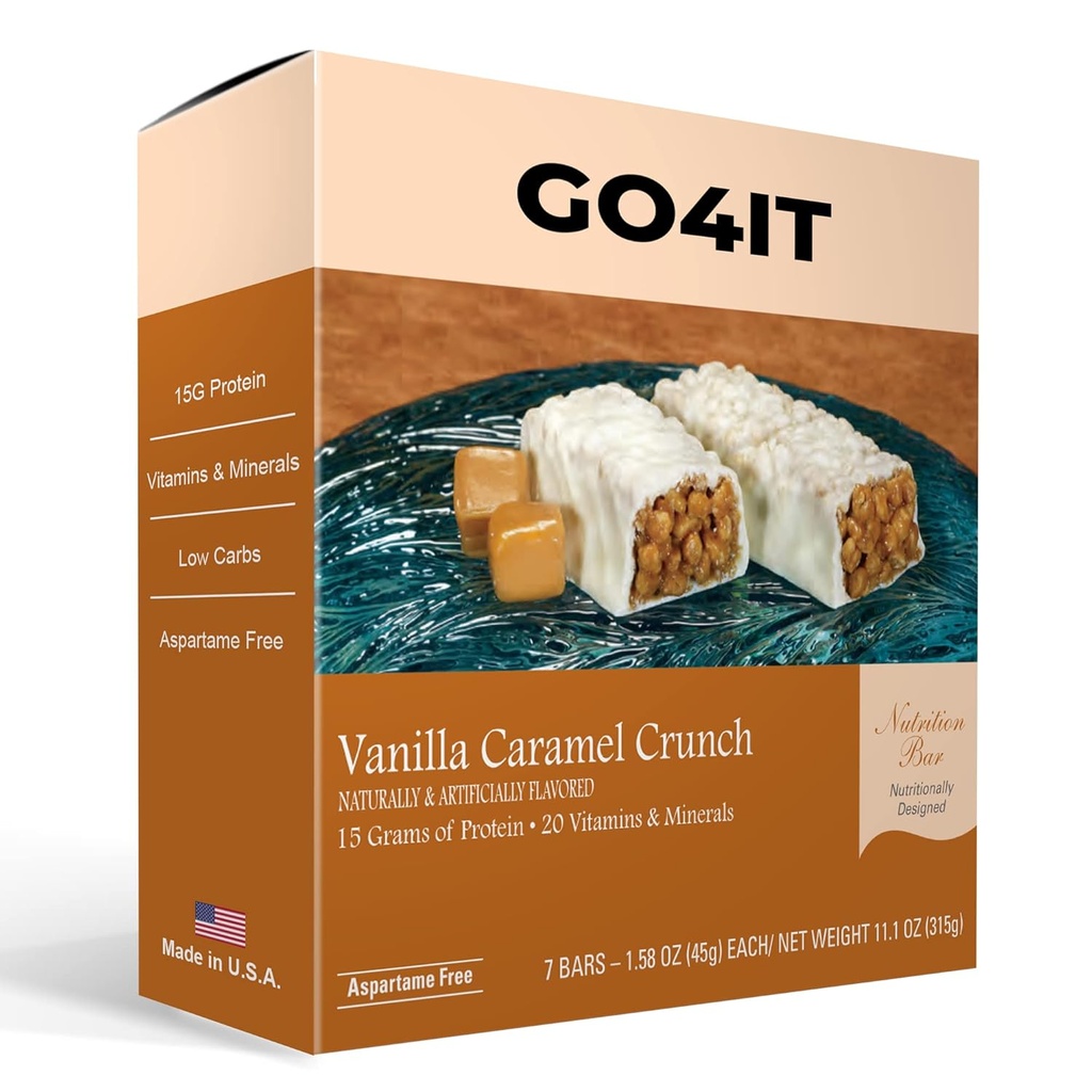 GO4IT Zdravotní strava Náhradní Bar, HIGH protein Nutrition Bar, HIGH Fiber, LoW Calories, KETO přátelský, On- the- go, hubnutí Food Bar, 7 / Box - (Vanilla Caramel Crunch)