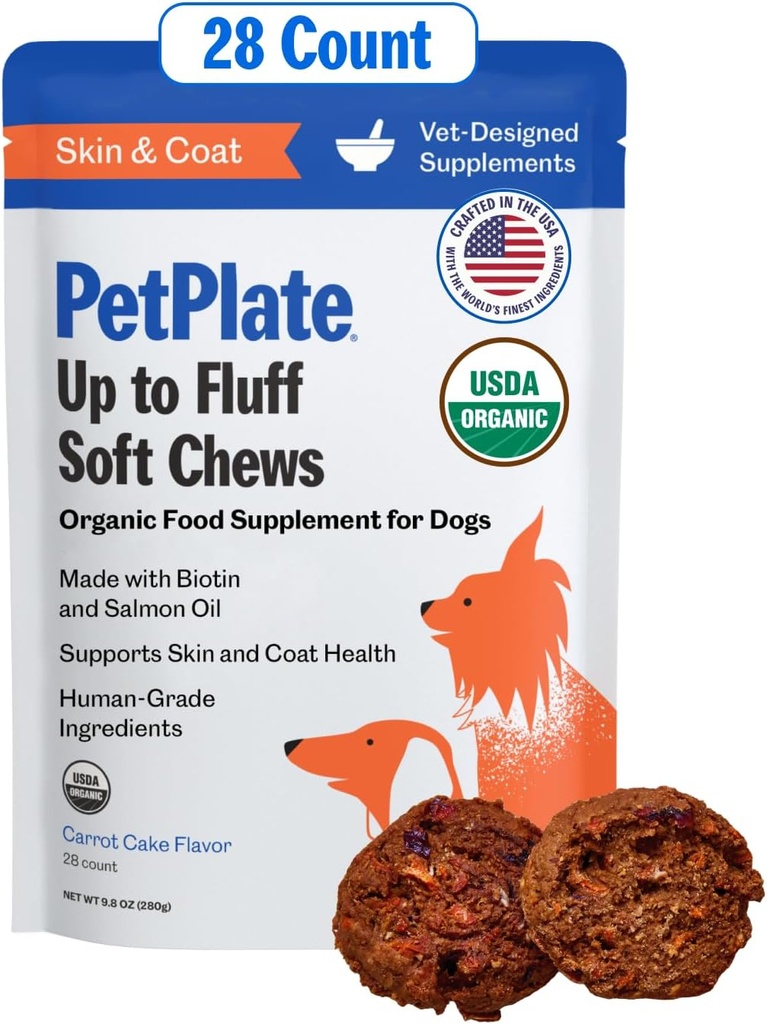 PetPlate Až Fluff měkké žvýkačky pro psy, kůže & Coat Support, USDA Organic Supplement, Grain- Free, Human- Stupeň, Zahrnuje losos olej a biotin, Pet Supplies (balení po 1, 9.8 Ounce)