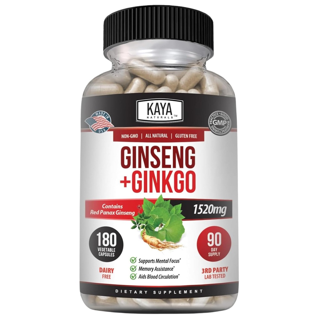 Kaya Naturals Red Panax Ginseng + Ginkgo Biloba - Nootropní doplněk mozku - Kognitivní a koncentrační podpora - Mozkový booster, Focus, a doplněk paměti - 180 Kapsle