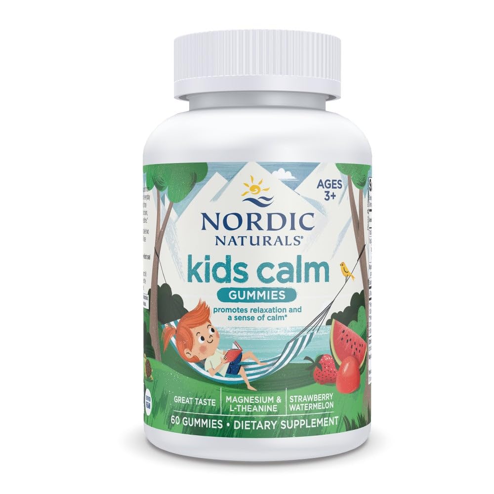Nordic Naturals Kids Calm Gummies - Jahodový meloun - 60 Gummies - Magnesium L- Theanine dodatek - Uklidnění pro děti - Relaxační podpora - Až 60 Služeb