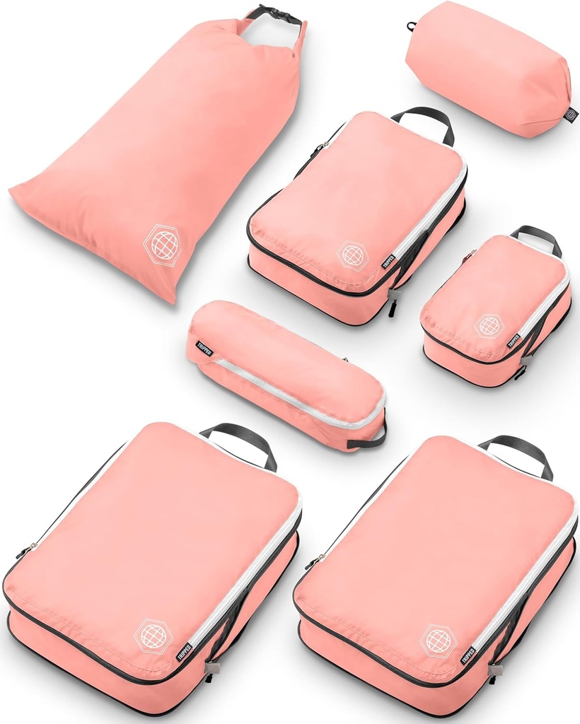 Velké kompresní balící kostky pro cestovní tašky Zavazadla Pořadatelé 7 Kousek Set pro checked Luggage- Ultralight, Rozšiřitelné / Kompresní tašky TRIPPED Travel Gear (Dusty Rose)