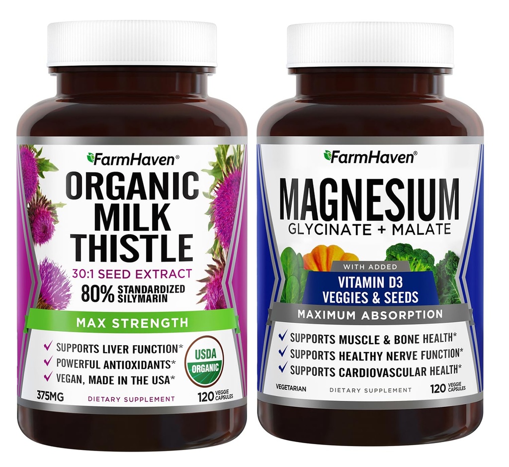 FarmHaven Milk Thistle Kapsle & Magnesium Glycinate & Malate Complex w / Vitamin D3