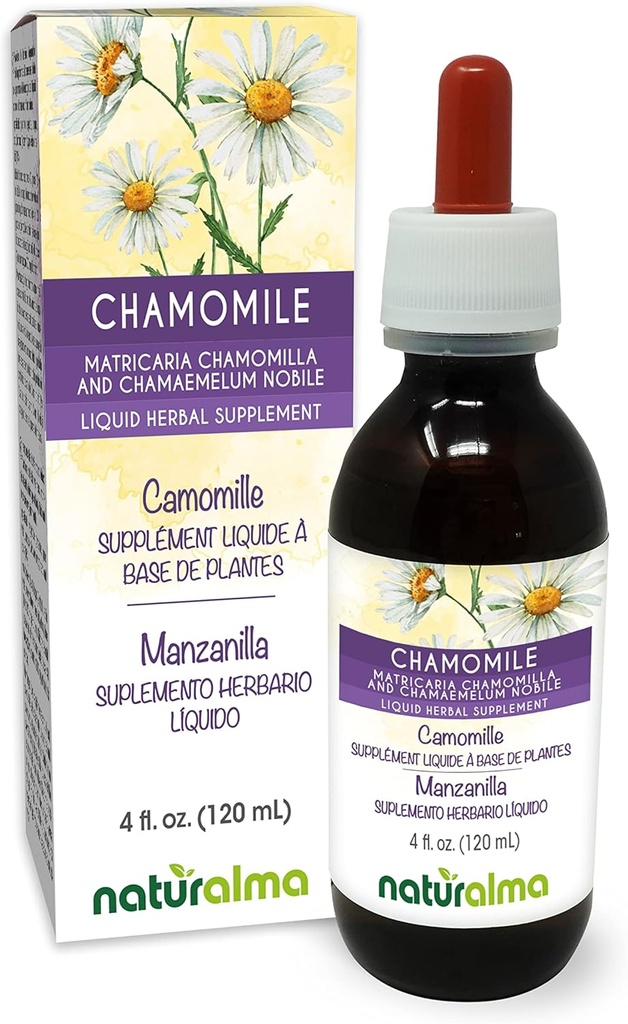 Naturalma Německý a římský heřmánek (Matricaria chamomilla a Chamaemelum nobile) Květina Alcohol- Free tinktura - 4 fl oz Liquid Extract in Drops - Bylinný dodatek - Vegan