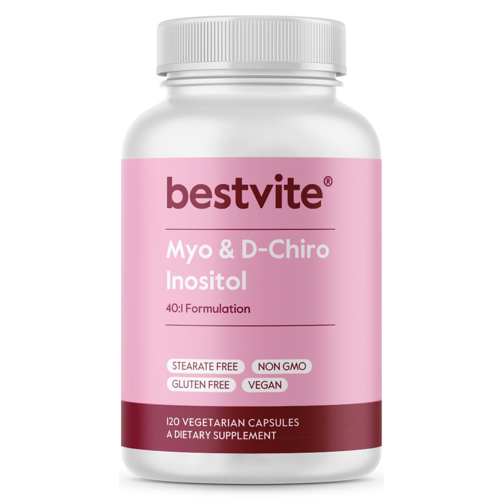 BESTVITE Myo & D- Chiro Inositol (120 Vegetariánských kapslí) - 40: 1 Poměr - No Stearates - Vegan - Non GMO - Gluten zdarma