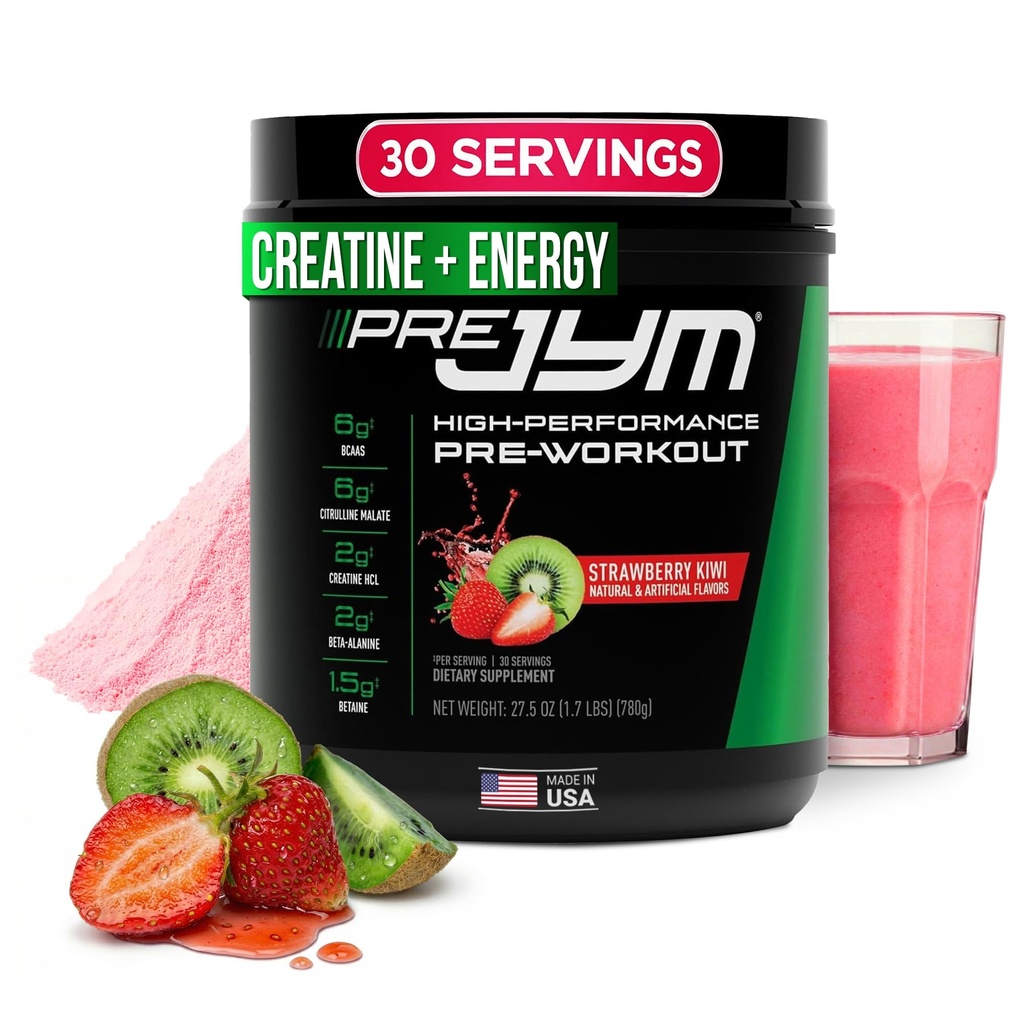 JYM dodatek Věda Pre JYM Jahodová Kiwi Pre Workout Powder - BCAA, Nootropics, Creatine HCI, Citruline, Beta-Alanin, Betaine, Taurin, Huperzin 30 Služení