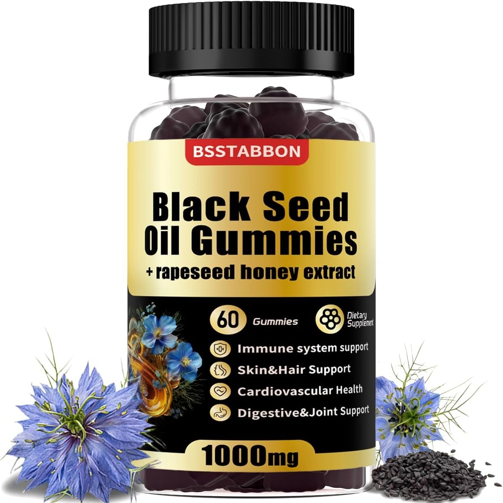 Gumerie z černého semene s 1000mg organického oleje z černého semene, výtažek z řepky 25 mg medu, vitamin B6, B12 a zinek pro podporu imunitního systému (60 žvýkaček) (60 kusů)