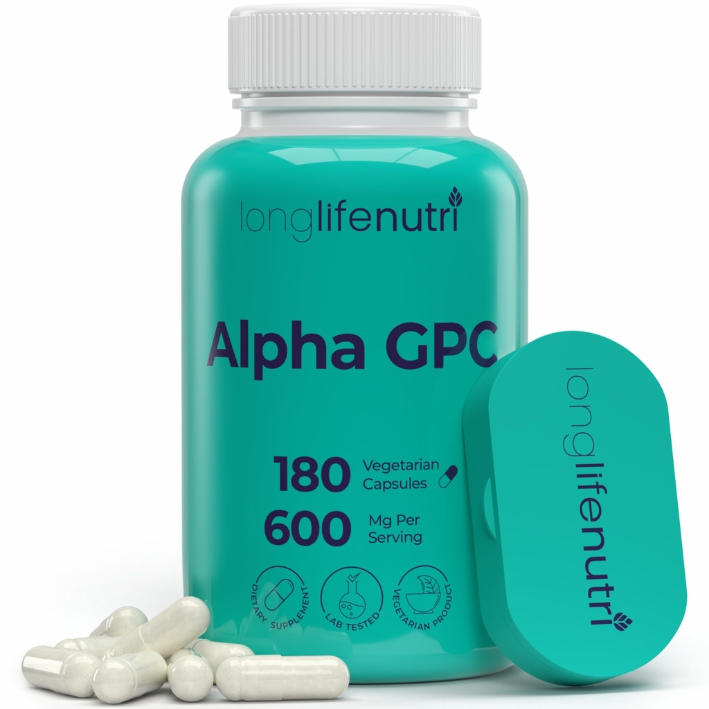 Alpha GPC Choline dodatek 600mg - 180 Vegetariánské kapsle, Vysoká čistota nootropic pro Daily Energy, 3-Month Supply, Acetylcholin Zdroj pro Cognitive & Mental Clarity, GMP Certified, Made in USA