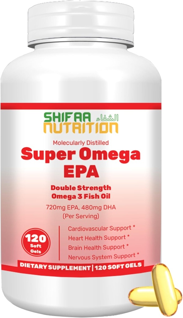 SHIFAA NUTRITION Halal Fish Oil Softgels 120 Ct, Double Strength - Halal Omega 3 Rybí olej doplňky. Volně žijící chycení, nespecifikování GMO a očištění