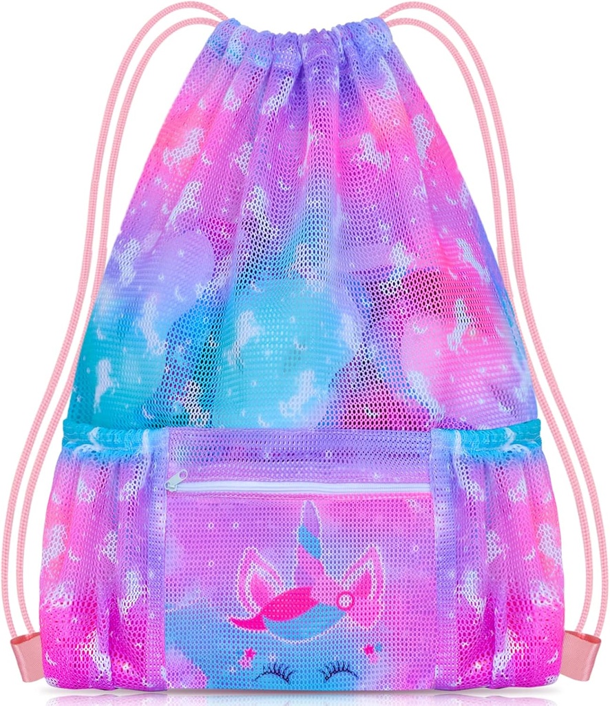 PASOP Drawstring Backpack pro děti, dívky Mesh Beach Bag pro plavání, Velká velikost Gym Drawstring sáčky Cinch Sack pro dívky (Jednorožec)