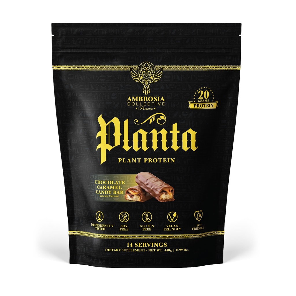 Ambrosia Planta - Premium Plant- based Protein current 124; Vegan & Keto Friendly currency currency 124; Gourmet Flavors with No Floating or Stomach Upset current 124; Gluten & Soy Free current 124; No Add Sugar currency 124; 14 Servings currency 124; (Candy Bar)