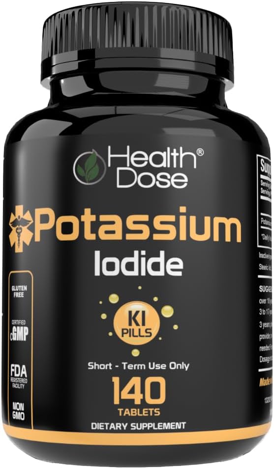 Dávka iodidu draselného (KI) - 130mg, 140 tablet - krátkodobá ochrana štítné žlázy, doplněk jódu a podpora zdraví štítné žlázy. Full Month Supply.