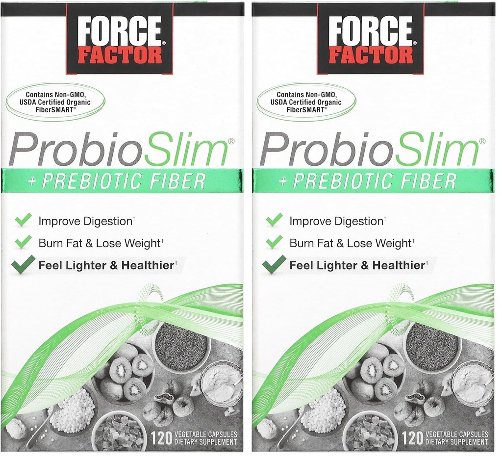 Force Factor ProbioSlim + Prebiotic Fiber Weight Loss Dodatek pro ženy a muže, Probiotic a Prebiotic Digestive Health Support with Green Tea Extract and Psyllium Husk Fiber, 120 Kapsle