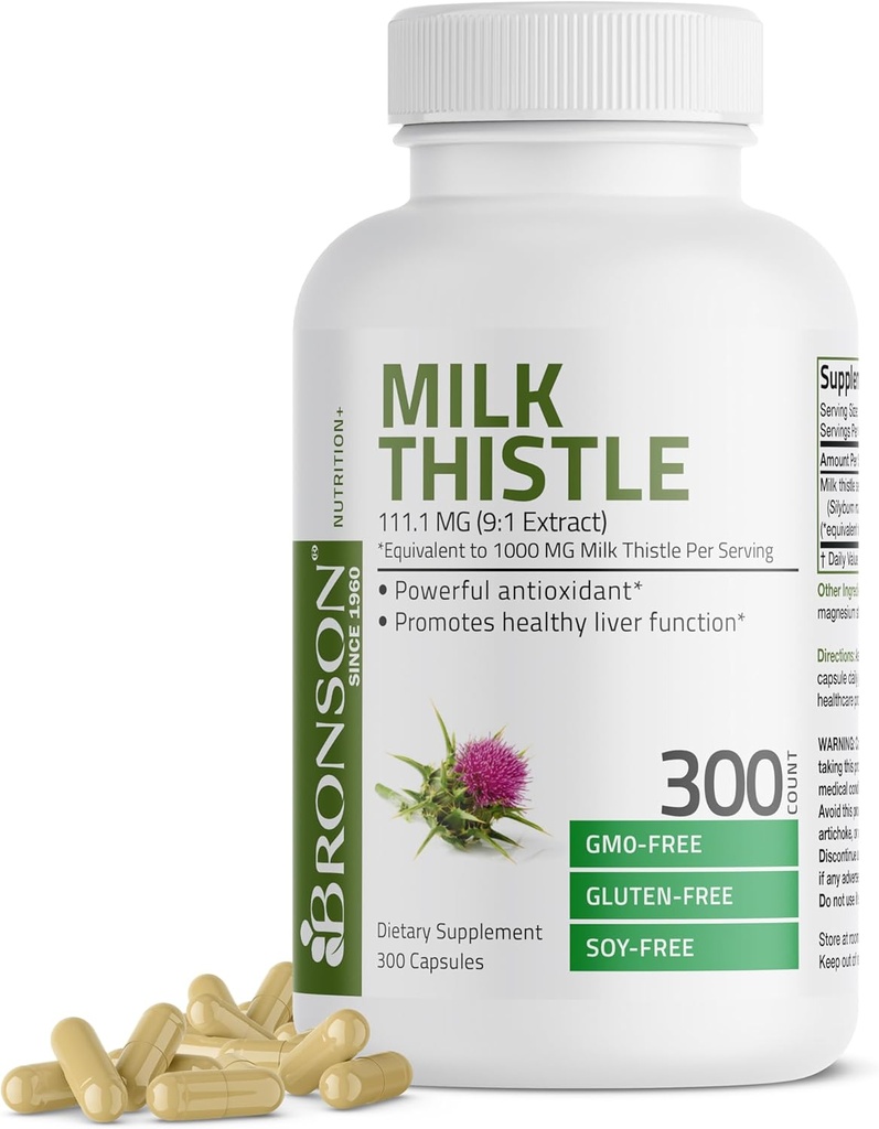 Bronson Milk Thistle 1000 MG Silybum Marianum Antioxidant & Játra Podpora zdraví - Non- GMO, 300 Kapsle
