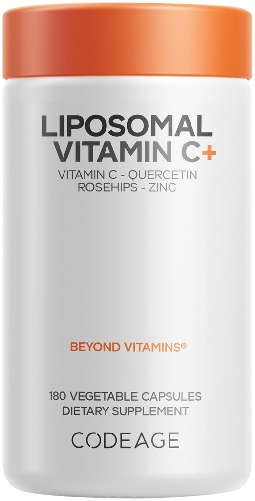Codeage Liposomální vitamin C 1500mg se zinkem, bezinky, Citrus Bioflavonoidy Grapefruit, Lemon, Pomerančový prášek, Quercetin & Rose HIPS Ovoce - Veganský dodatek - Non- GMO, Veganové pilulky, 180 Kapsle