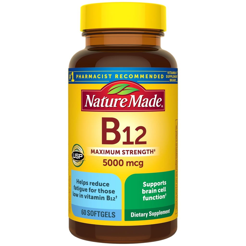 Příroda vyrobené maximální sílu vitamin B12 5000 mcg, Dietní dodatek pro podporu metabolismu energie, 60 Softgels, 60 denní dodávky