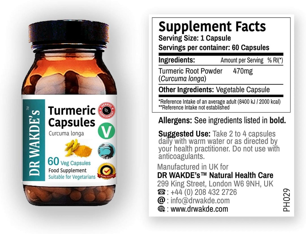 DRWAKDE 's Turmeric Capsules (Curcuma Longa, 60 Vegg Caps, Plant- based Supplement, Ayurvedic Herb, All Natural, Vegan)