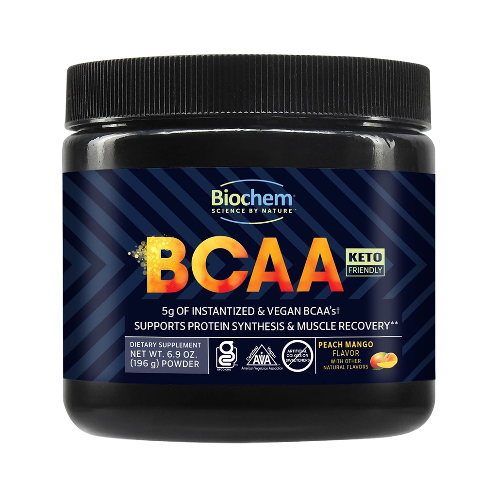 Biochem BCAA Powder Peach Mango 5g - 30 Servings Côte 124; Vegan, Gluten Free, Keto, Instantized 2: 1: 1 BCAA Doplněk pro svalovou rekuperaci, syntézu proteinů a hydrataci 124; Acid amin-elektrolyt prášek
