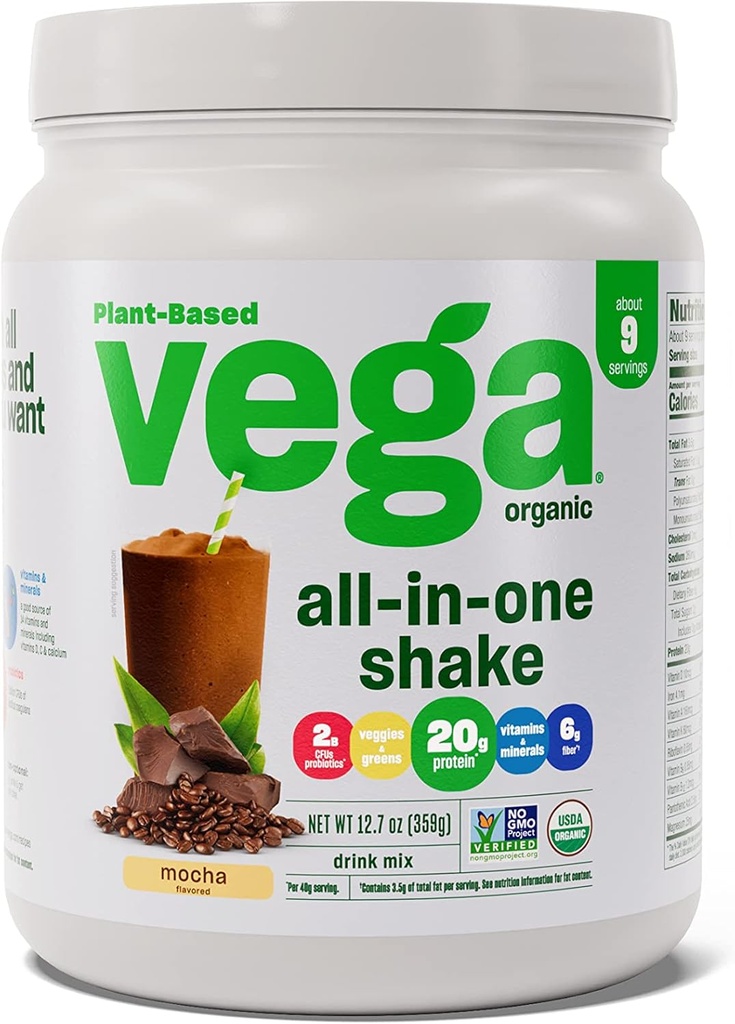 Vega Organic All- in- One Vegan Protein Powder Mocha (9 Služeb) Superfood Ingredients, Vitaminy pro podporu imunity, Keto Friendly, Pea Protein pro ženy a muže, 12.7oz (Balení May Vars)