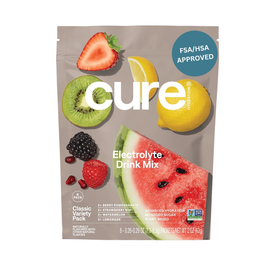 Hydratační krém 124; Plant- based Electrolyte Drink Mix 124; No Add Sugar CLAS124; FSA- HSA CLAS124; Dehydratační Relief Powder Made with Coconut Water CLAS124; Non- GMO CLAS124; Vegan CLAS124; 8 Packets - Variety Pack