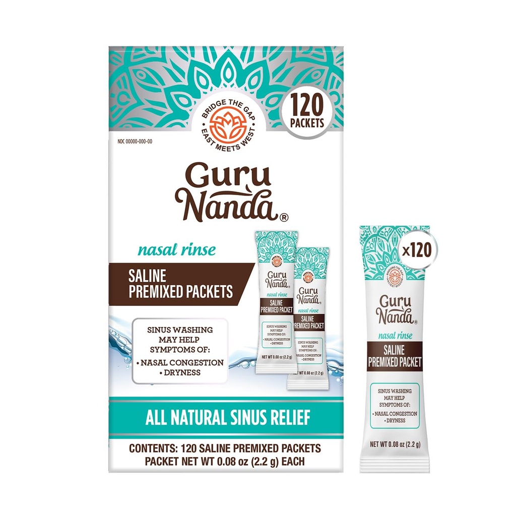 GuruNanda PreMixed Saline Packets pro Nasal Rinse (120 Počet), Všechny přírodní Sinus Rinse Packets na pomoc s alergie & Congestion Relief, 0.08oz Každý