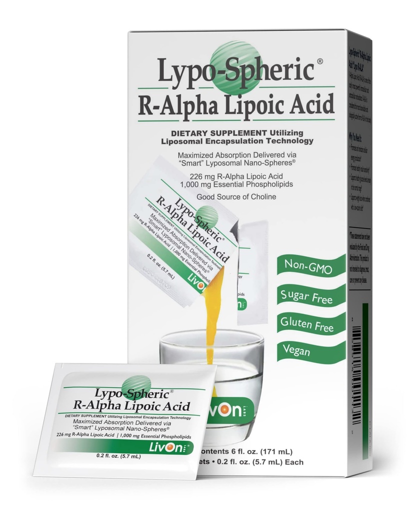 Livon Laboratories Lypo- Spheric R- Alpha Lipoic Acid - 30 Packets - 226mg Per Packet - Liposom Enkapsulated pro maximální biologickou dostupnost - 100% Non- GMO