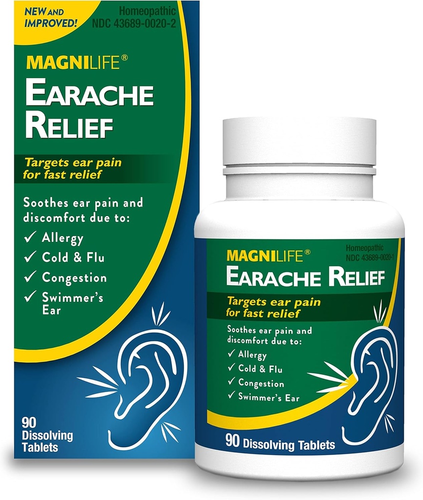 MagniLife Earche Relief, Fast- acting Natural Relief for Swimmers Ear, Pain and Discomfortable from Alergies, Cold and Flu - 90 Rychlé rozpuštění tablet