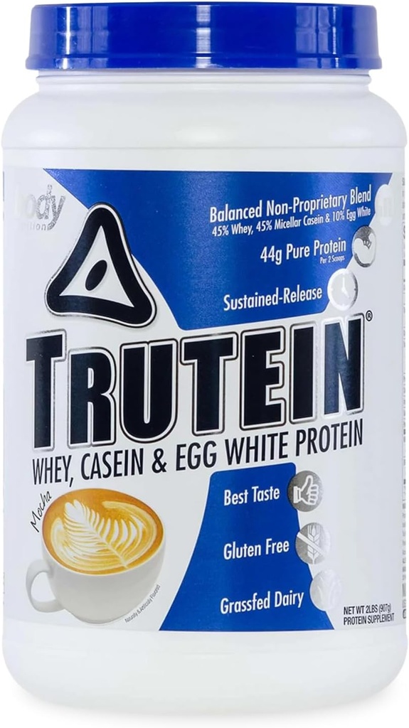 Body Nutrition Trutein High Protein Powder: 45% syrovátka, 45% kasein, 10% Vejce bílá, gluten- free, nízký sodík, tráva Fed syrovátkový prášek, Gym dodatek & Snídaně Shake, Mocha, 2lb