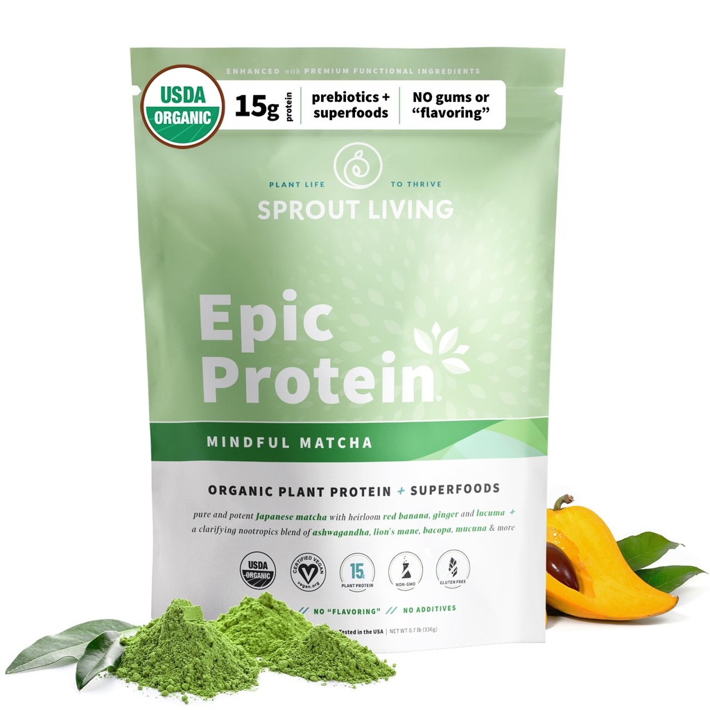Sprout Living Epic Protein, Plant Based Protein & Superfoods Powder, Mindful Matcha CUR 124; 17 Grams Organic Protein Powder, Vegan, Non- GMO, Gluten Free, Adaptogens + Nootropics (1 libra, 12 Služení)