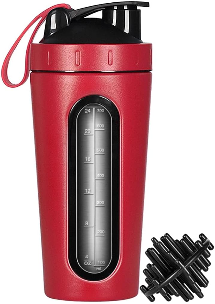 Protein Shaker láhev, Nerezová ocel Shaker Cup, Sportovní míchačka vodní láhev, Viditelné okno, Leak Proof, No BPA s míchací koule pro posilovnu cvičení, 28 Ounce, červená