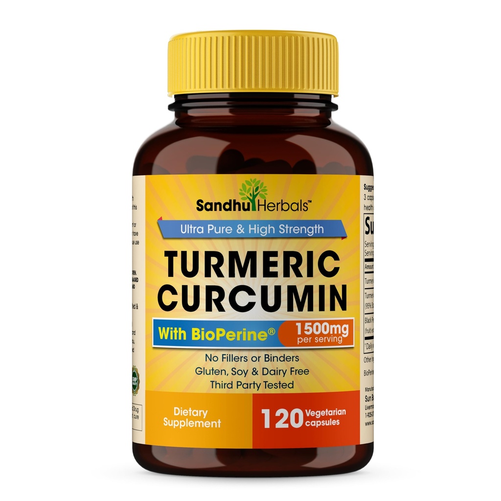 Sandhu Herbals Organic Turmeric Curcumin 120 Kapsle s Bioperine Black Pepper Extract Dodatek 124; 1500mg s 95% Kurkuminoidy 124; Imunitní podpora