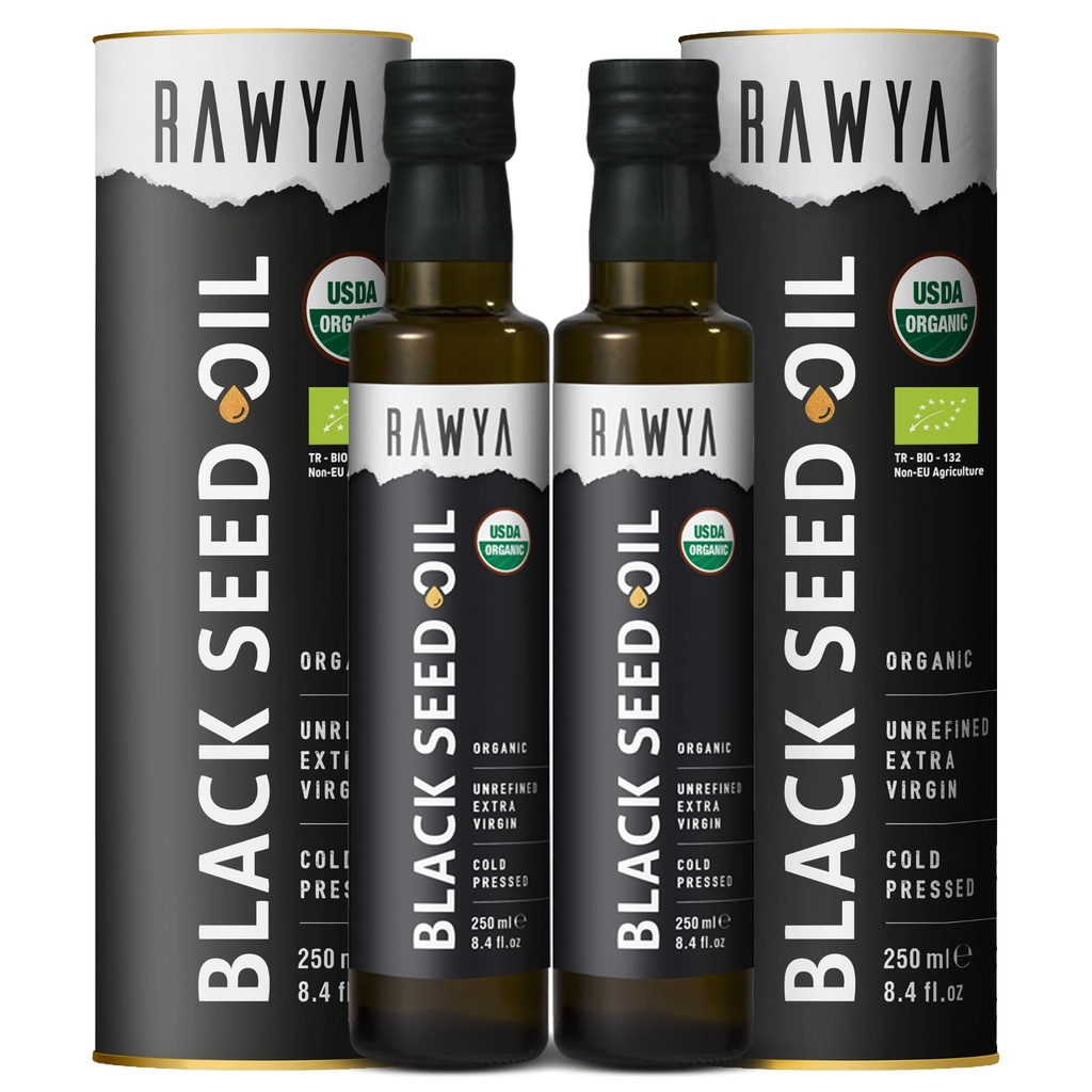 RAWYA Black Seed Oil - Organic Cold Pressed Nigella Sativa - Turecký původ - USDA Organic - Přírodní dodatek - Black Cumin Seed Oil - Rich Flavor & High Concentration - 250ml skleněná láhev - 2 balení