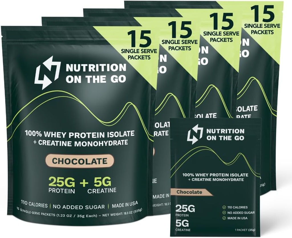 Nutrition On The Go Whey Protein Isolate Packets with Creatine - 25g Protein + 5g Creatine - Single- Serve Travel Protein Powder - Chocolate (60- Pack)