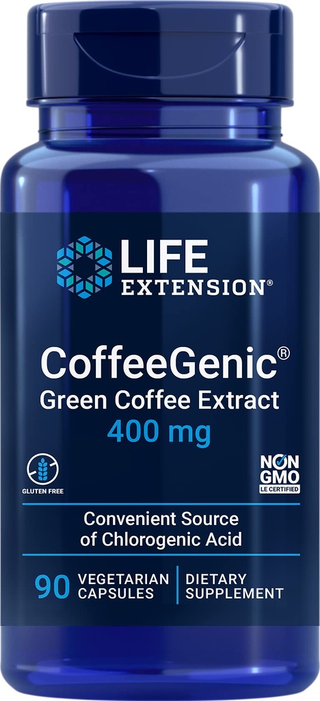 Life Extension CoffeeGenic ® Green Coffee Extract, 400 mg, standardizované pro 50% chlorogenové kyseliny, After-Meal Metabolismus Support, Gluten Free, Non- GMO, Vegetariánské, 90 Kapsle