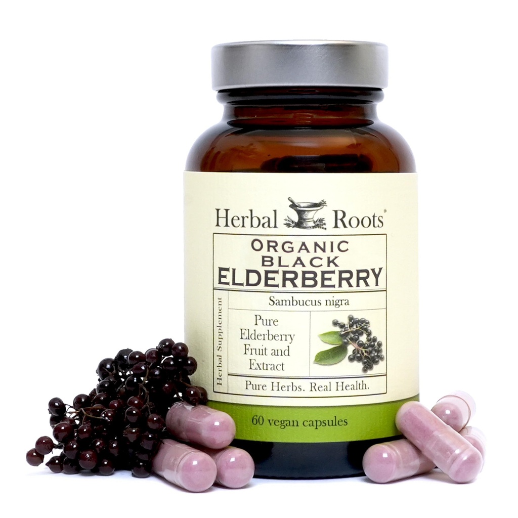 Herbal Roots Organic Black Elderberry Kapsle 124; Max Strength 124; Made with Organic Sambucus Capsle 124; 60 Vegan Kapsle