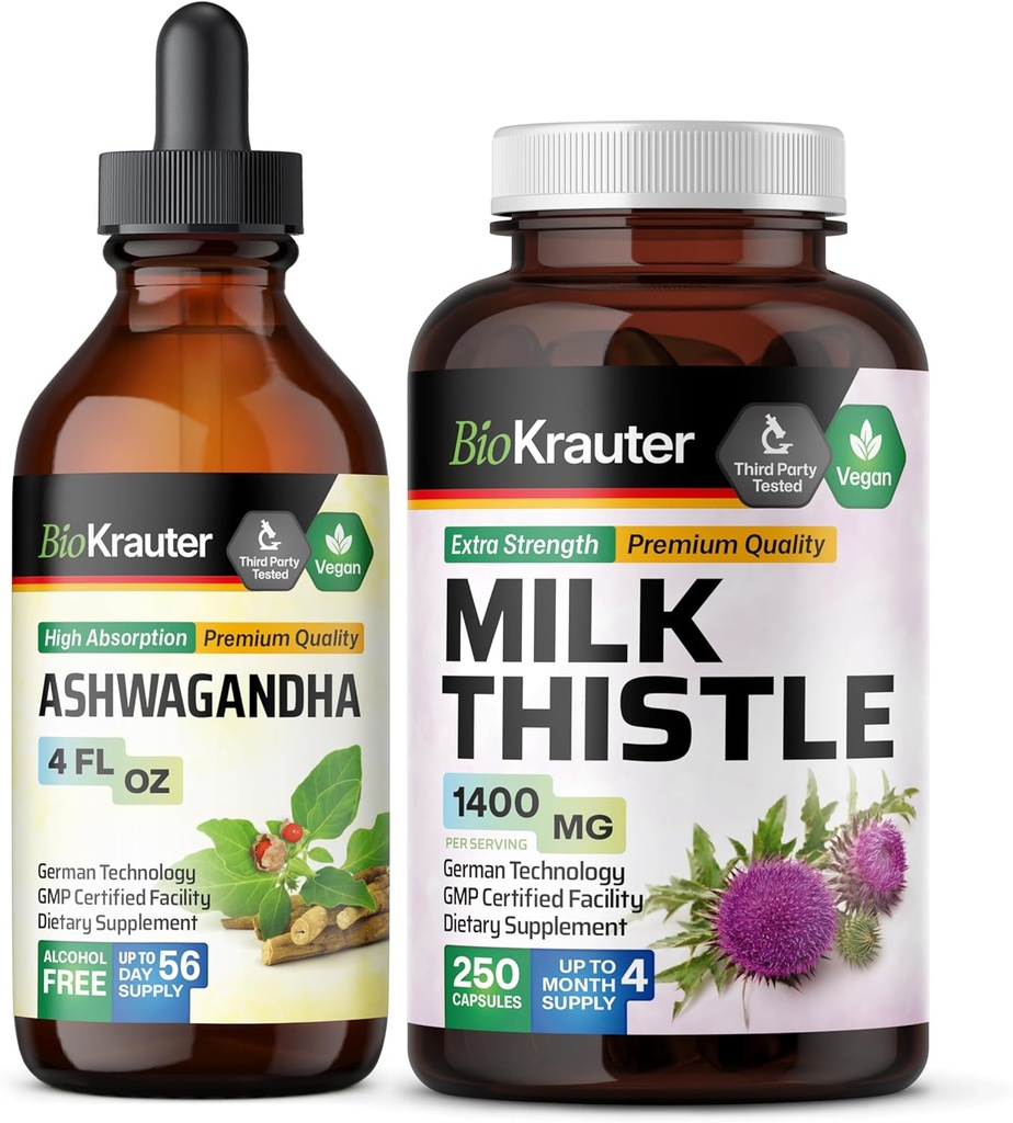 BIO KRAUTER Ashwagandha tinktura 4 Fl. Oz. & Mléko Thistle 250 Kapsle