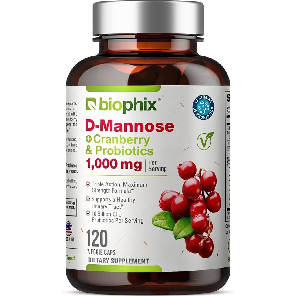 biophix D- Mannose 1000mg Kapsle s Cranberry & Probiotika - D Mannose doplňky pro ženy - D- Mannose pilulky na močení Trakt & močová měchýř Zdravotní podpora - Digestivní Well- Bytí - 120 Vcaps