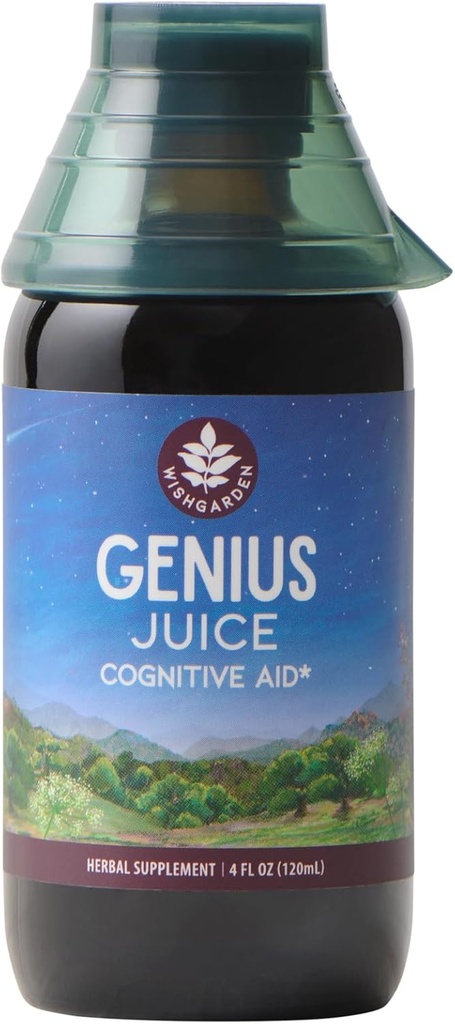 WishGarden Byliny Genius Juice - Liquid Bylinné Nootropní Mozek Booster Dodatek pro Focus, Clarity, Koncentrace & Energy s Ginkgo Biloba & Gotu Kola, Kognitivní podpora, No Caffeine, 4oz
