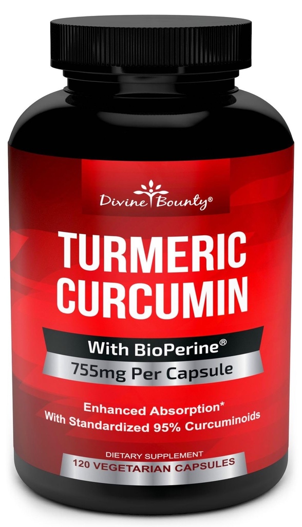 Turmerický kurkumin s extraktem z černého pepře BioPerine - 755mg na kapslí, 120 Veg. Kapsle - GMO volný tumerický, standardizované na 95% kurkuminoidy pro maximální účinnost