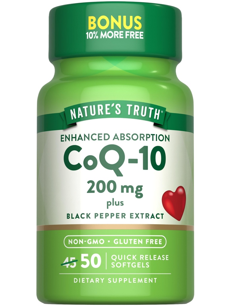 Nature 's Truth CoQ10 200mg Softgels CLAS124; 50 Count CLAS124; Enhanced Absorpční dodatek CLAS124; Plus Black Pepper Extract CLAS124; Non- GMO, gluten zdarma