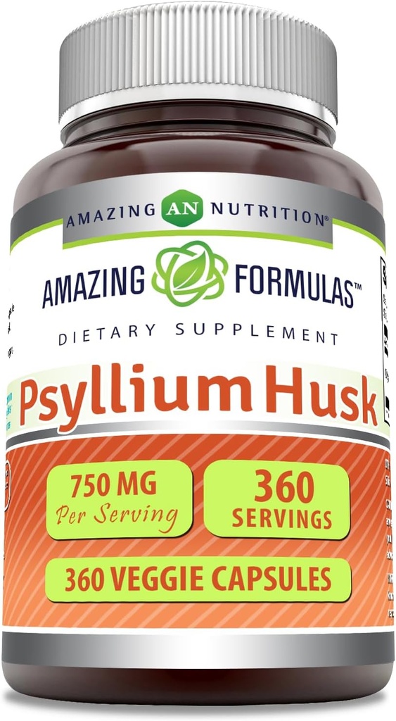 Amazing Applicas Psylium Husk 750mg Veggie Kapsle Dodatek 124; Non- GMO CLANE124; Gluten Free CLANE124; Made in USA CLANE124; Vhodné pro vegetariány (360 Počet)