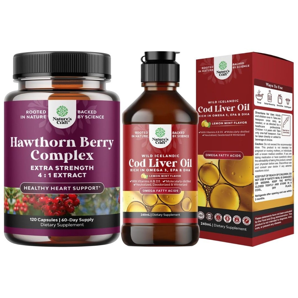 Bundle Extra Strength Hawthorn Berry Kapsle Hawthorn Extract Digestion and Heart Health Supplement a islandský Cod Játra Oil Liquid Wild chycený Nordic Omega 3 Fish Oil Liquid pro dospělé a děti