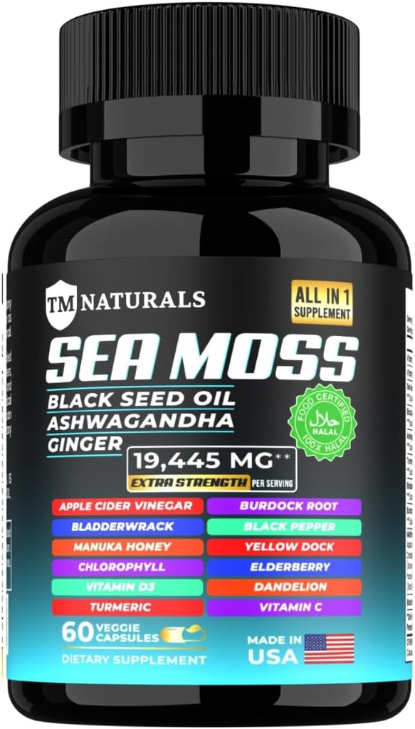 Mos moře s černým semenným olejem, vitaminem C, Ashwagandhou a kurkumou pro imunitní podporu a energii - 60 Veganských kapslí + krabice zdarma