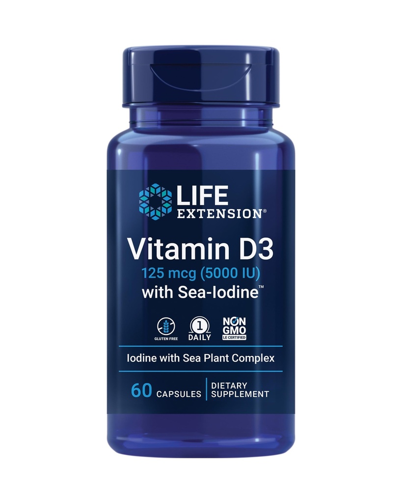 Life Extension Vitamin D3 s Sea-jód ™, 125 mcg (5000 IU) - Imunitní podpora, Kostní zdraví, Zdraví štítné žlázy - 1 denně, Bezlepkové, Non- GMO - 60 Kapsle